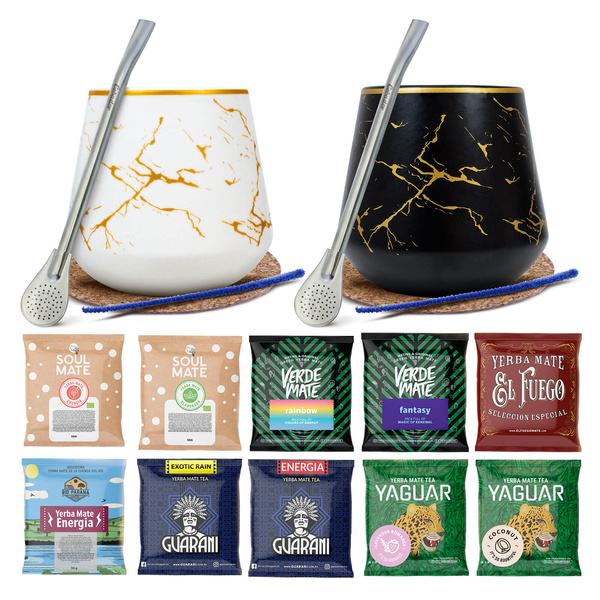 Coffret Yerba Maté pour deux : échantillons 10x50g 2x Calebasse + 2x Bombilla