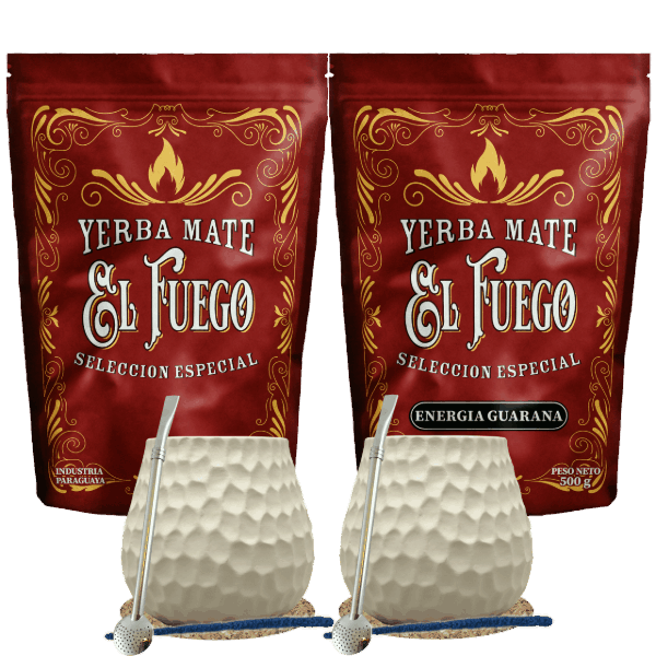 Kit de démarrage pour deux Yerba Maté El Fuego 2×500 g + 2× Calebasse + 2× Bombilla