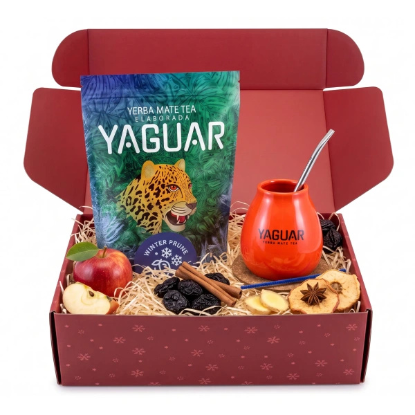 Coffret cadeau de Noël yerba mate Yaguar Winter Prune 500g + calebasse et bombilla