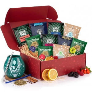 Coffret cadeau de Noël yerba mate : échantillons 10x50g + calebasse Verde Mate Winter Time et bombilla