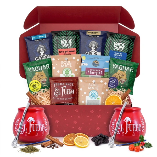 Coffret cadeau de Noël yerba maté pour deux : échantillons 10x50g + 2x calebasse El Fuego Christmas Edition et 2x bombilla