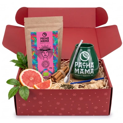 Coffret cadeau de Noël guayusa Pachamama Heartwarming 100g + calebasse et bombilla