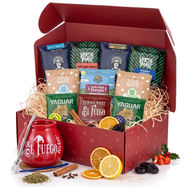 Coffret cadeau de Noël yerba mate : échantillons 10x50g + calebasse El Fuego Christmas Edition et bombilla