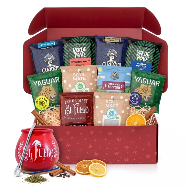 Coffret cadeau de Noël yerba mate : échantillons 10x50g + calebasse El Fuego Christmas Edition et bombilla
