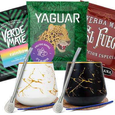 Coffret Yerba Maté pour deux : échantillons 3×50g 2x Calebasse + 2x Bombilla