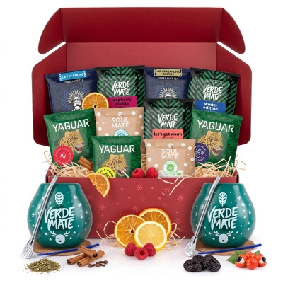 Coffret cadeau de Noël yerba maté pour deux : échantillons 10x50g + 2x calebasse Verde Mate Winter Time et 2x bombilla