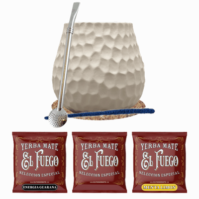 Set de Maté : échantillons El Fuego 3x50g + Calebasse + Bombilla