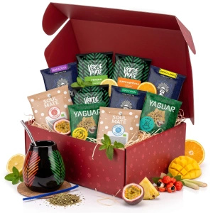 Coffret cadeau de Noël yerba mate : échantillons 10x50g + calebasse Samba et bombilla