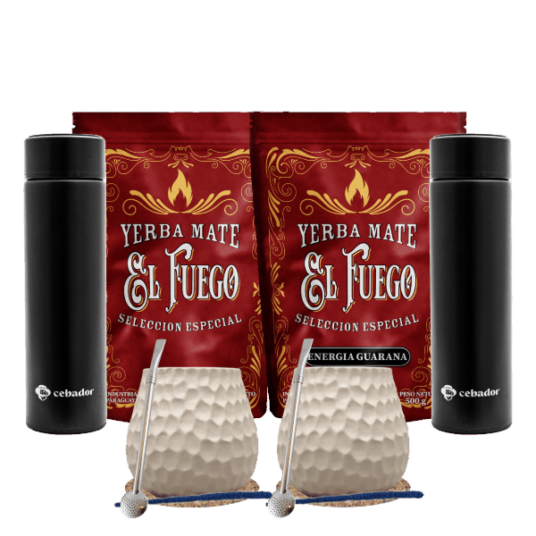 Coffret Yerba Maté pour deux : El Fuego 2x500g + 2x Thermos LED + 2x Calebasse + 2x Bombilla