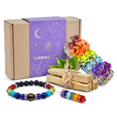 Coffret cadeau ésotérique des 7 chakras : encens naturel + pendentif + bracelet