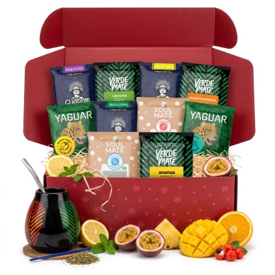 Coffret cadeau de Noël yerba mate : échantillons 10x50g + calebasse Samba et bombilla
