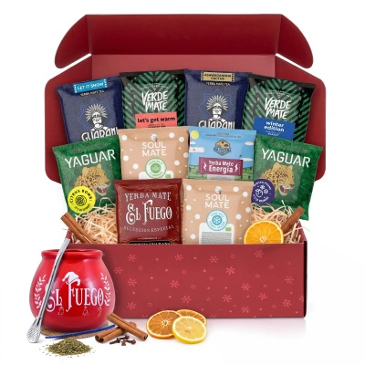 Coffret cadeau de Noël yerba mate : échantillons 10x50g + calebasse El Fuego Christmas Edition et bombilla