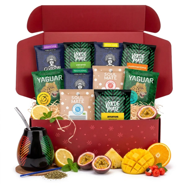 Coffret cadeau de Noël yerba mate : échantillons 10x50g + calebasse Samba et bombilla