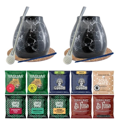 Set de Maté : 2x Calebasse + 2x Bombilla + Échantillons 10x50g