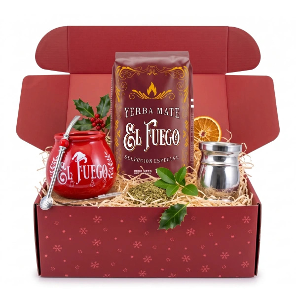 Coffret cadeau de Noël yerba mate El Fuego Elaborada 1kg + Palo Santo, calebasse et bombilla