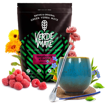 Yerba Maté ensemble Verde Mate Raspberry 500g Calebasse + Bombilla
