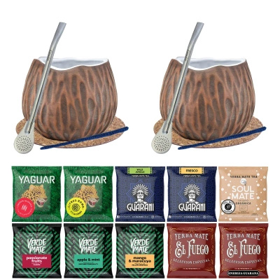 Set de Maté : 2x Calebasse + 2x Bombilla + Échantillons 10x50g