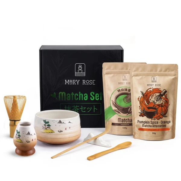 Coffret cadeau pour Matcha Latte coloré : Matcha + Orange Matcha + accessoires