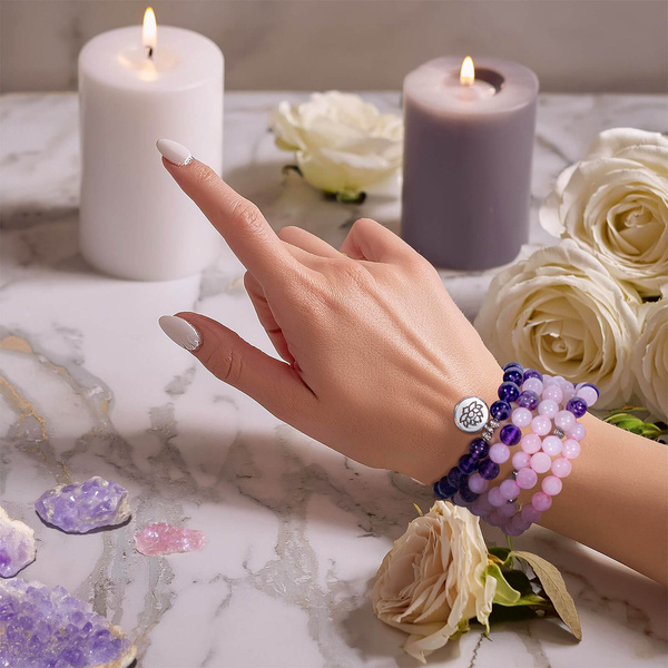 Bracelet Mala avec améthyste et quartz rose – Fleur de Lotus