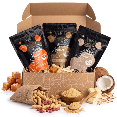 Coffret cadeau de beurre de cacahuète en poudre Nustino : Classic + Salted Caramel + White Chocolate & Coconut 3x400g