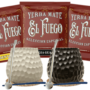 Set de Maté pour deux : échantillons El Fuego 3x50g + 2x Calebasse + 2x Bombilla