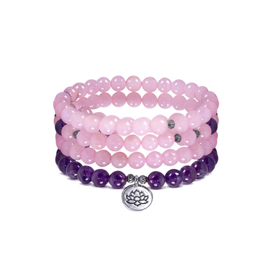 Bracelet Mala avec améthyste et quartz rose – Fleur de Lotus