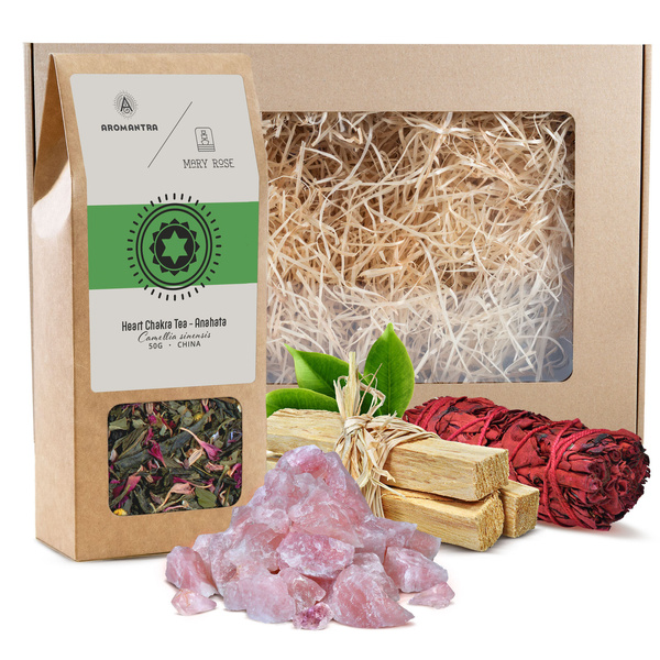 Coffret pour chakra du cœur (Anahata) : thé du chakra + encens + quartz rose