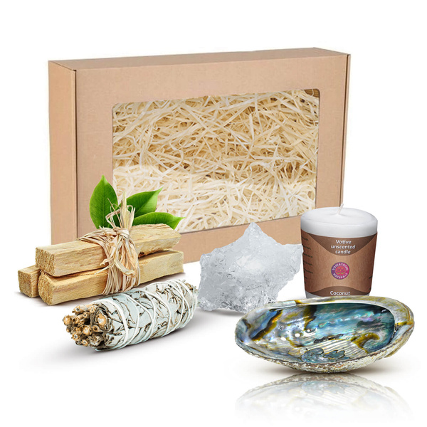 Coffret pour rituels et purification : encens + cristal de roche + bougie