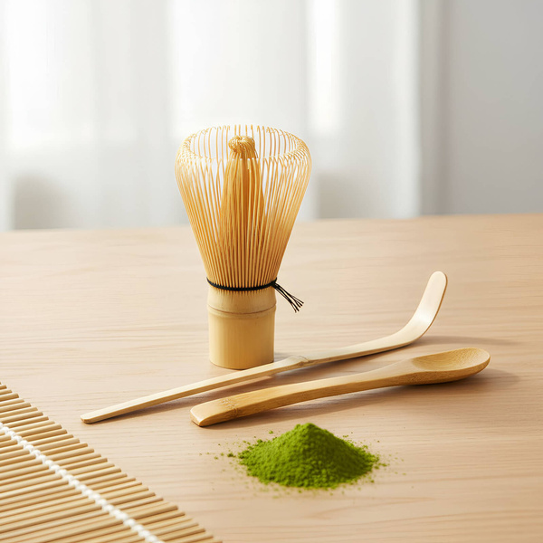 Ensemble d'accessoires en bambou pour le thé matcha : un fouet chasen, une spatule chashaku et une cuillère