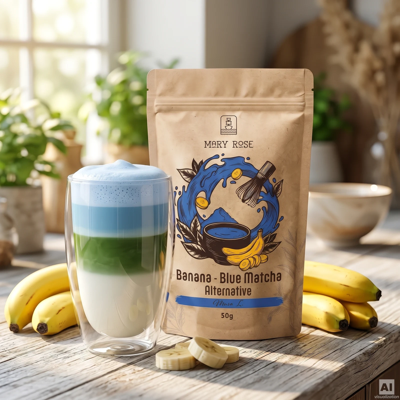 Blue Banana Matcha Latte tricolore avec Mary Rose Blue Matcha Alternative Banane