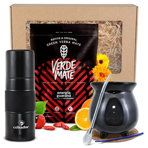 Ensemble de cadeaux Yerba Maté : Verde Mate Energía Guaraná 0,4kg + Yerbomos X + Calebasse + Bombilla