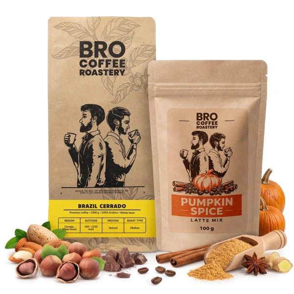 Coffret pour Pumpkin Spice Latte : café Bro Coffee Roastery Brazil Cerrado 1kg + Pumpkin Spice Latte Mix 100g