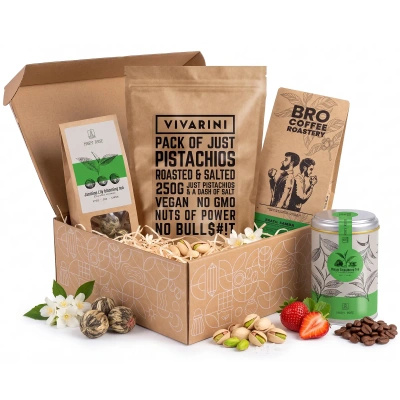 Coffret cadeau avec café et thé + pistaches grillées et salées