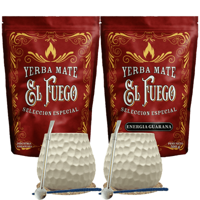 Kit de démarrage pour deux Yerba Maté El Fuego 2×500 g + 2× Calebasse + 2× Bombilla