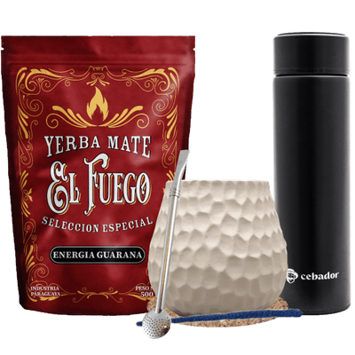 Set de Maté : El Fuego 500g + Thermos LED + Calebasse + Bombilla